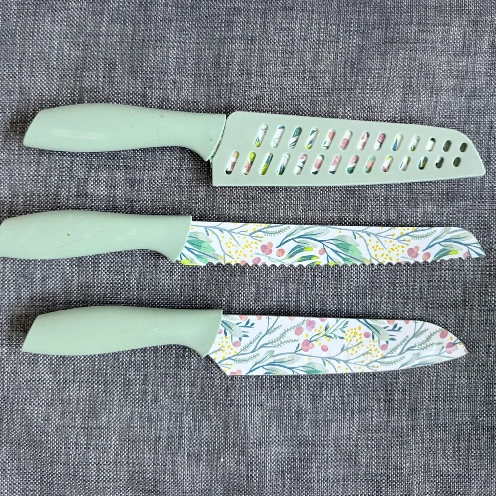Unbranded Floral Kitchen Knife Set Unisex OS Sage Green Excellent 3 Piece Sheath